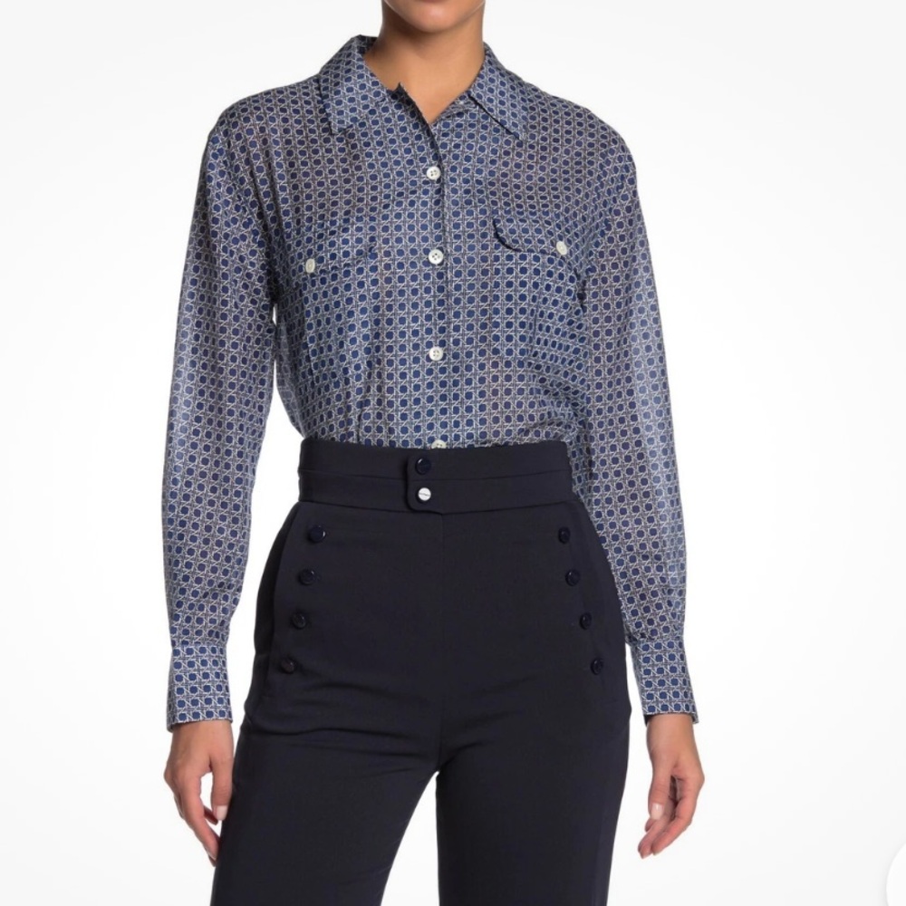 Equipment Blue Geometric Print Shirt | Small | Silk/Cotton Blend